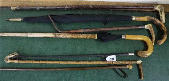 A group of walking sticks, two umbrellas and riding crops